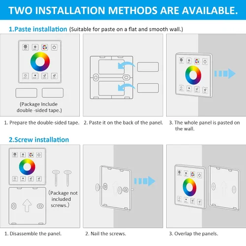 Miniatura 8 de RGBZONE Controlador LED RGB, control remoto inalámbrico RF, controlador de pared LED regulable para tiras de luz DC5V/12V/24V 30A 5050 3528 5630