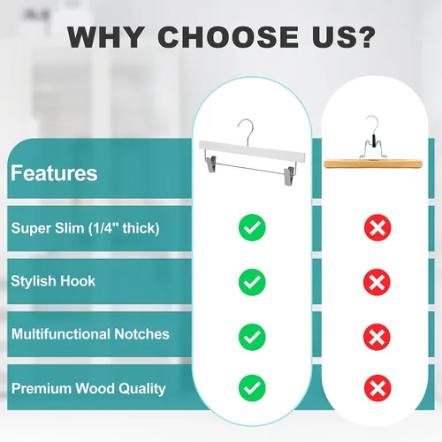 Miniatura 4 de Quality Hangers Percha de madera de lujo ultra fina que ahorra espacio, perchas para faldas con barra cuadrada para pantalones, lo mejor para Blanco