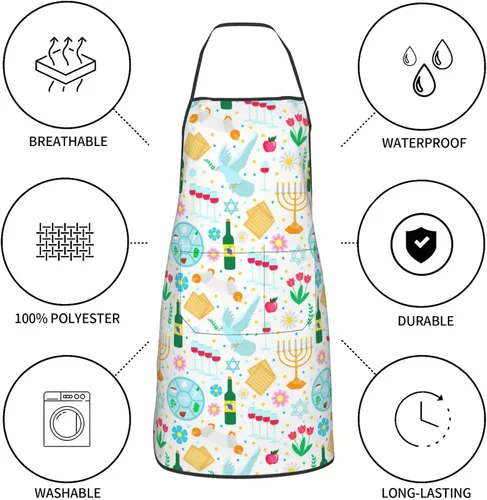 Miniatura 7 de Delantales de Pascua judía feliz, delantal de cocina para chef, impermeable, ajustable, divertido delantal para barbacoa con bolsillos para hombres