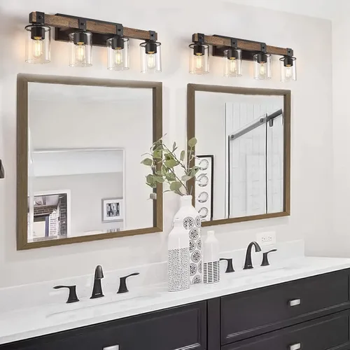 Miniatura 6 de DUJAHMLAND Lámpara de tocador de granja, aplique industrial de madera de 4 luces, iluminación de tocador de baño con pantalla de luces de vidrio