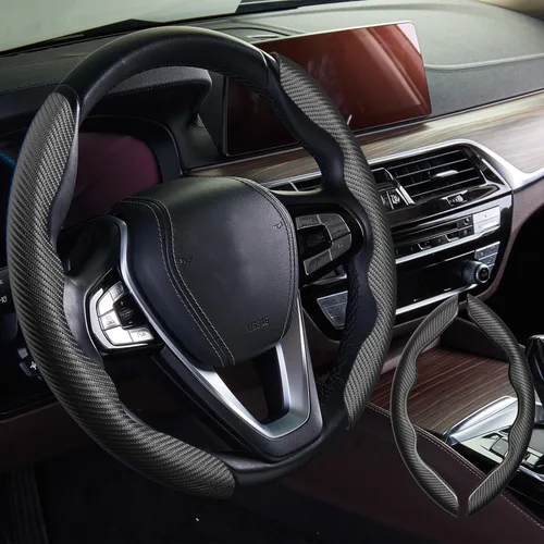 Miniatura 19 de WOCOCN 2 fundas para volante de automóvil, protector antideslizante de fibra de carbono para hombres y mujeres, múltiples opciones de color, Beige