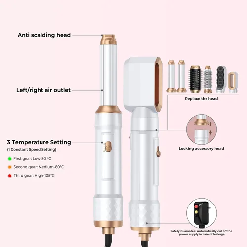 Miniatura 9 de Cepillo secador de cabello mágico Air Styler 6 en 1, cepillo secador iónico negativo y 3 configuraciones de calor, rizado automático desmontable