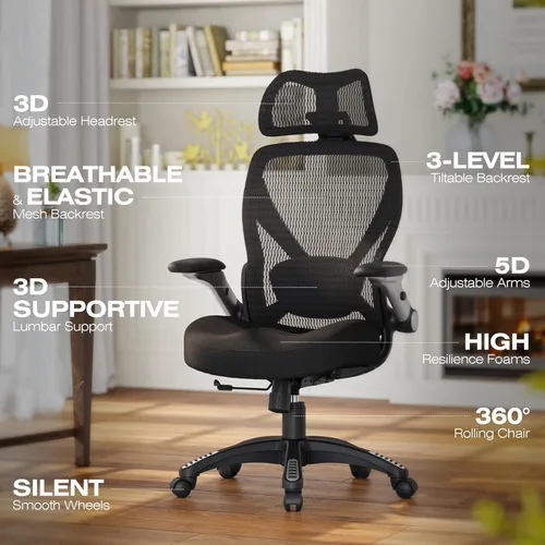 Miniatura 3 de ELABEST X100 Silla de oficina ergonómica de malla, silla grande y alta para el hogar con brazos plegables 5D, soporte lumbar ajustable 3D, sillas