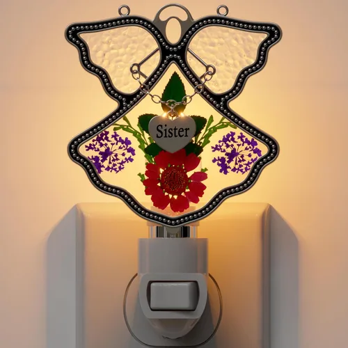 KY&BOSAM Angel Sister - Luz de noche de flor en vidrio con ribete de metal, luz nocturna de corazón para hermana, cuarto de bebé, dormitorio, baño,