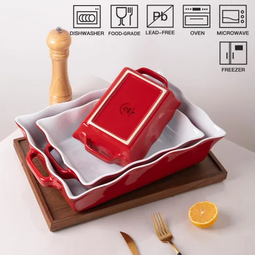 Miniatura 5 de Sweejar - Platos de cacerola para horno, juego de 3 utensilios de cerámica, molde rectangular de hornear con asas, molde para lasaña de borde rojo