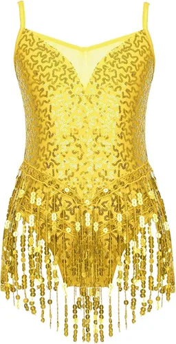Xnihocha Vestido de baile latino con borlas y lentejuelas brillantes para niñas y niñas, falda tutú, leotardo, moderno, disfraz de salón de jazz,