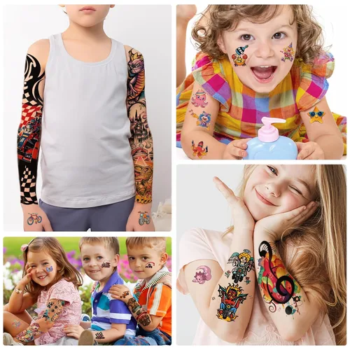 Miniatura 6 de 52 PCS Tatuajes Temporales de Brazo Completo para Niños - Cohete Carro Dinosaurio Planeta Astronauta y Delfín Castillo Gato Tatuajes Corporales