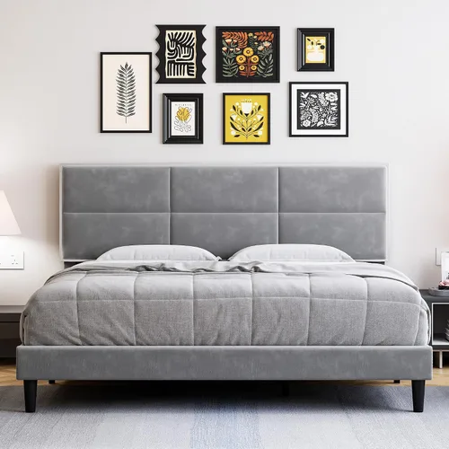 Miniatura 7 de Base de cama tamaño matrimonial, base de cama con cabecera cuadrada de terciopelo, soporte de listones de madera, antideslizante y sin ruido,