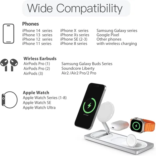 Miniatura 6 de Estación de carga 3 en 1 para dispositivos Apple: Usada para estación de carga de iPhone y reloj con soporte de cargador Magsafe, cargador Plateado