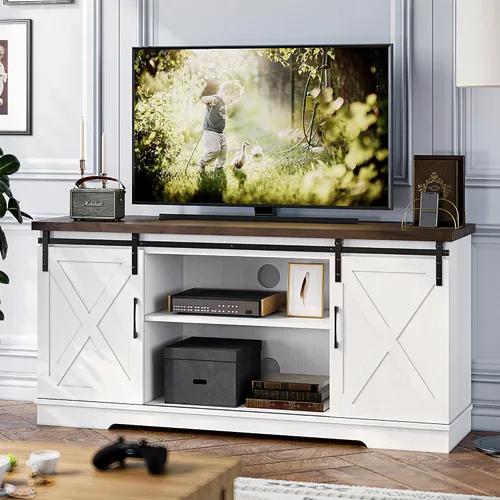 Miniatura 10 de IDEALHOUSE Soporte de TV de granja, centro de entretenimiento para consola multimedia de TV de 65 pulgadas, puertas de granero blancas