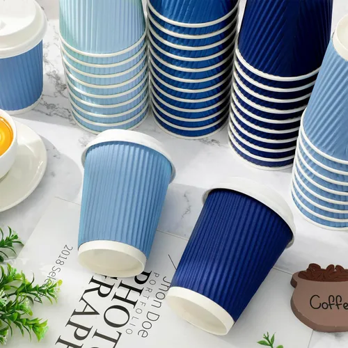Miniatura 3 de Whaline 100 tazas de café desechables de color azul polvoriento de invierno con tapas, tazas de papel azul degradado de 12 onzas, tazas calientes