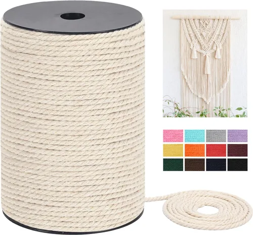Miniatura 17 de Cuerda de macramé de 4 mm x 328 yardas (984 pies), cuerda de macramé de algodón natural - cuerda de algodón de macramé trenzada de 3 hilos