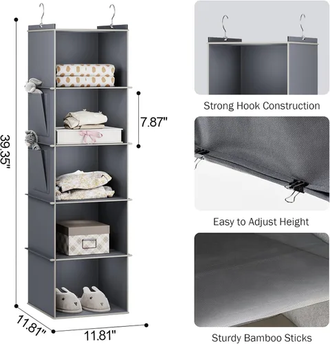 Miniatura 3 de YOUDENOVA Organizador colgante de armario, 5 estantes de almacenamiento para colgar, color gris
