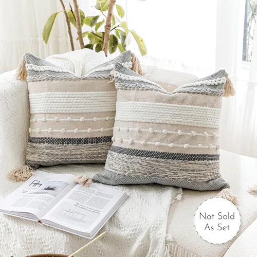 Miniatura 5 de BlissBlush Funda de almohada bohemia gris de 22 x 22 pulgadas, almohada decorativa gris para sofá, funda de almohada cuadrada tejida con textura