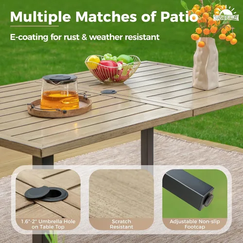 Miniatura 2 de SUNSHINE VALLEY Juego de 7 sillas de comedor para patio, material metálico, 6 sillas de comedor de color teca rectangular con agujero para sombrilla