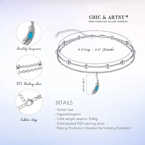 Miniatura 62 de CHIC & ARTSY Tobilleras de plata de ley S925 para mujer, pulsera de tobillo ajustable multicapa para playa, joyería de verano para mujer, de 10 a 11
