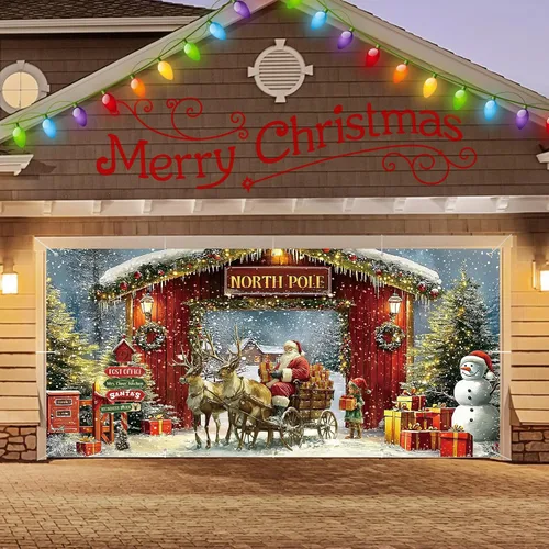 Miniatura 6 de Ganeen Cubierta de Banner para Puerta de Garaje de Navidad de 6 x 13 pies Polo Norte Árbol de Navidad Nevado Fondo de Fotografía Bosque de Invierno