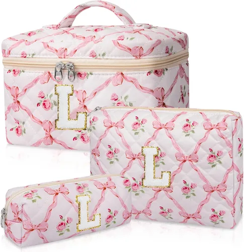 Miniatura 7 de Set de Bolso de Maquillaje Inicial Junesters, Bolso de Maquillaje Acolchado Personalizado, Bolso de Cosméticos Floral Grande para Mujeres, Bonitos
