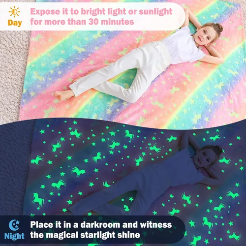 Miniatura 2 de Softan Manta Decorativa de Unicornios para Niños que Brilla en la Oscuridad, Regalos de Manta para Niños y Niñas, Manta de Franela Suave y Acogedora