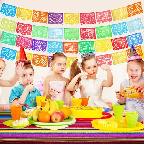 Miniatura 6 de Preboun Mantel de plástico mexicano y pancarta de papel picado mexicano, suministros de decoración de fiesta, mantel para mesas rectangulares, Fresco