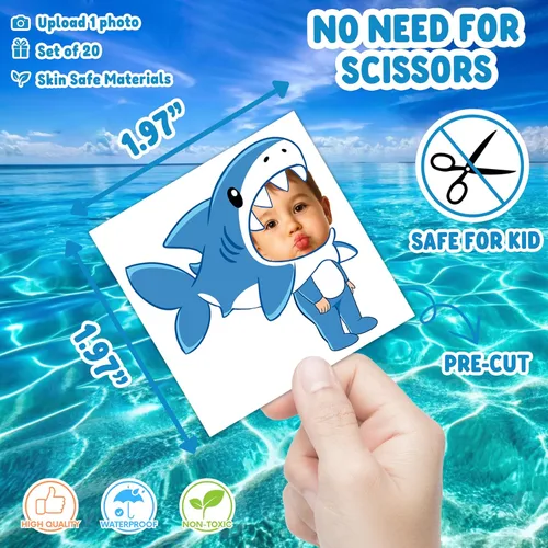 Miniatura 6 de Tatuajes temporales de tiburón personalizados para niños, tatuajes de fotos faciales precortados personalizados, divertidos recuerdos de fiesta