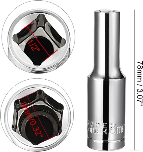 Miniatura 3 de uxcell 1/2 pulgada Drive 0.315 in 6-Point Deep Socket, métrico, Cr-V (pulido)