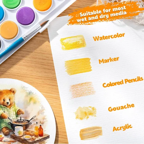 Miniatura 4 de Prudiut 50 hojas de papel de acuarela a granel, 8 tamaños, blanco, 140 libras/300 GSM, papel de color de agua de prensa en frío para principiantes