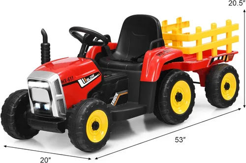 Miniatura 7 de OLAKIDS Tractor de paseo para niños de 12 V, vehículo eléctrico 2 en 1 con control remoto, remolque desmontable, juguete de conducción a batería Rojo