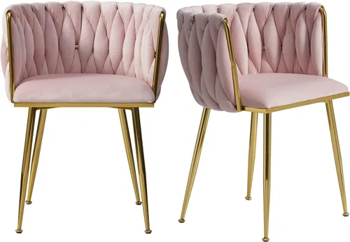 Miniatura 17 de Juego de 2 sillas de comedor de terciopelo, modernas sillas de comedor tapizadas con patas de metal dorado y respaldo tejido para comedor, cocina