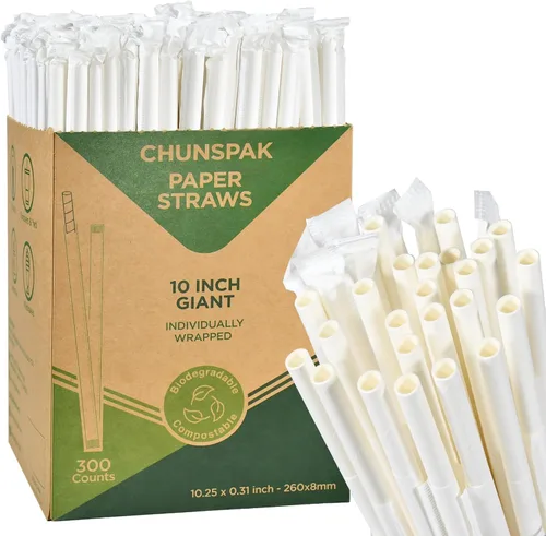 Miniatura 10 de Pajitas de papel desechables envueltas individualmente de 7.75 x 0.24 pulgadas, rayas coloridas [400 unidades] - biodegradables ecológicos