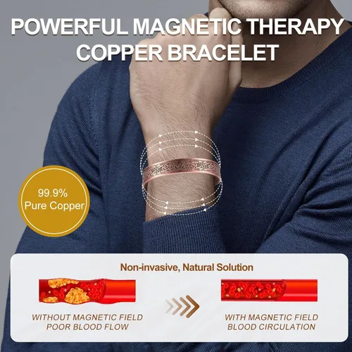Miniatura 3 de Pulsera magnética de cobre para hombre, 99.9% de cobre puro, con 6 imanes de 3500 Gauss, pulsera magnética de cobre para hombres, pulseras de cobre
