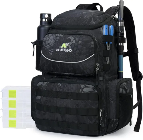 N NEVO RHINO Mochila de aparejos de pesca con soportes para caña, bolsa de pesca grande de 40 L con cubierta impermeable para lluvia, bolsa de