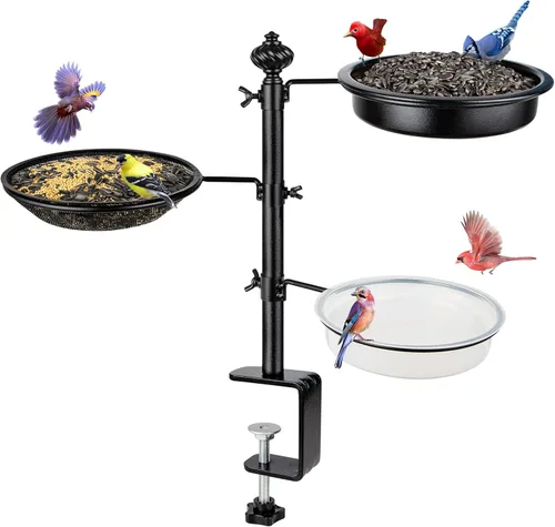 Comedero para pájaros de barandilla para balcón, BOLITE comederos para pájaros para el exterior, tres bandejas, versión mejorada, negro, regalos de