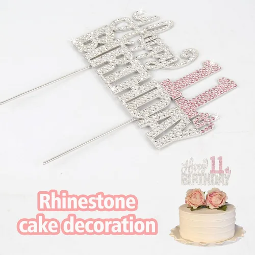 Miniatura 4 de Decoración de pastel de diamantes de imitación rosa y plateado con texto en inglés "Cheers to 11 Years Old Eleven Bday" de metal brillante