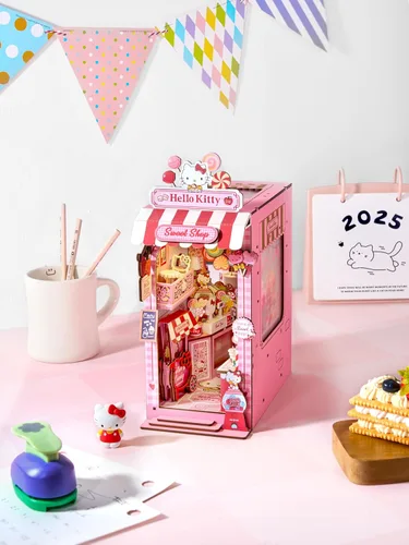 Miniatura 5 de Hands Craft Hello Kitty Sweet Shop - Kit de rincón de libro – Inserto de estante en miniatura oficial de Sanrio DIY con LED táctil, rompecabezas 3D