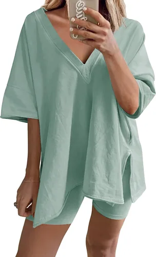 LTSCNRM Conjunto de 2 piezas para mujer, camiseta reversible de gran tamaño, pantalones cortos de motociclista, conjunto de chándal de entrenamiento