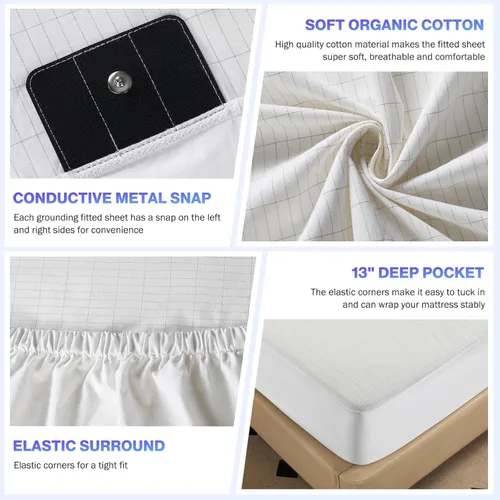 Miniatura 6 de Grounding Sheets - Juego de sábanas bajeras de cama tamaño individual XL, 10% fibra de plata pura + 90% algodón orgánico, kit de conexión a tierra