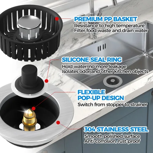 Miniatura 5 de zaa Colador de drenaje para fregadero, tapón 3 en 1 para fregadero de cocina, tapón de drenaje de cocina de acero inoxidable y cubierta con colador