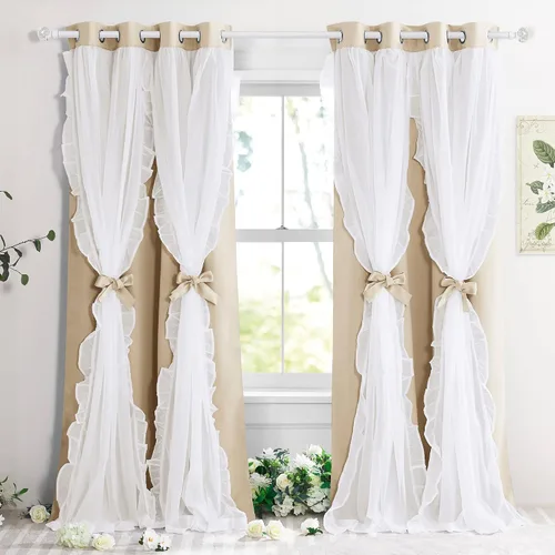 Miniatura 31 de PONY DANCE Cortinas con Volantes de Doble Capa con Superposición Transparente, Decoración Elegante para Ventanas de Diseño Rústico Francés de Campo