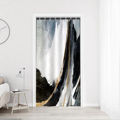 Miniatura 28 de Cortina de ducha pequeña de mármol negro y blanco, cortina de ducha con purpurina dorada, textura estética abstracta con pintura de gouache, cortina