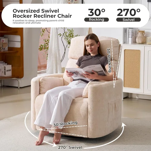 Miniatura 4 de Sillón reclinable giratorio de gran tamaño con masaje y calor, sillón reclinable giratorio para guardería con reposacabezas ajustable, silla Beige