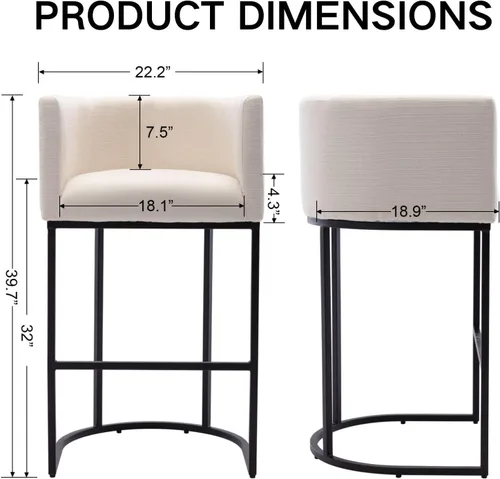 Miniatura 3 de Taburete de bar de lino de 32 pulgadas, taburete moderno de altura de barril con brazo, silla de mostrador tapizada, marco de metal negro para isla