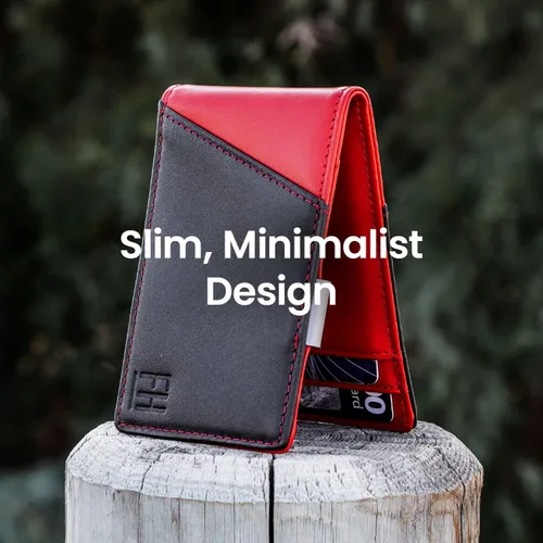 Miniatura 3 de FH Signature - Cartera delgada con bloqueo RFID para hombre con clip de metal para dinero en cuero de grano superior Negro Rojo 425 x 275 Cartera
