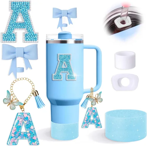 Miniatura 7 de Juego de 6 accesorios de copa Stanley color azul, adorno de pajilla con lazo para copa Stanley de 30 onzas, 40 onzas, incluye adorno de popote