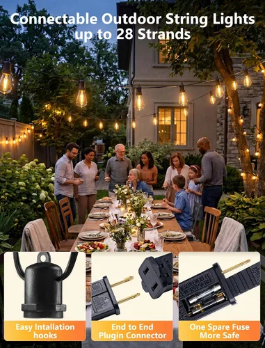 Miniatura 3 de 50FT LED Outdoor String Lights Waterproof with 27 Edison Vintage Shatterproof Bulbs, Hanging Commercial Grade Outdoor Patio Lights for Backyard