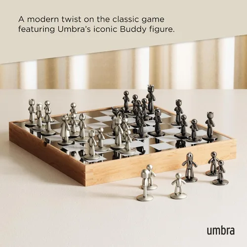 Miniatura 5 de Umbra Buddy - Juego de ajedrez para niños y adultos, moderno juego de tablero de ajedrez original, hecho de metal con acabado de níquel y titanio