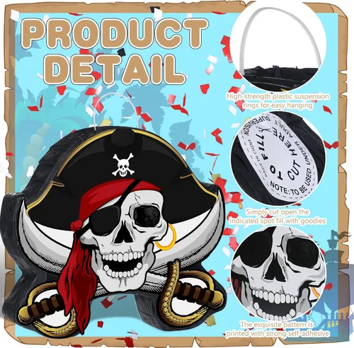 Miniatura 3 de Paquete de piñata pirata, juego de fiesta pirata, incluye máscara de capitán Piñata Bat Stick para fiesta de cumpleaños, aventura náutica