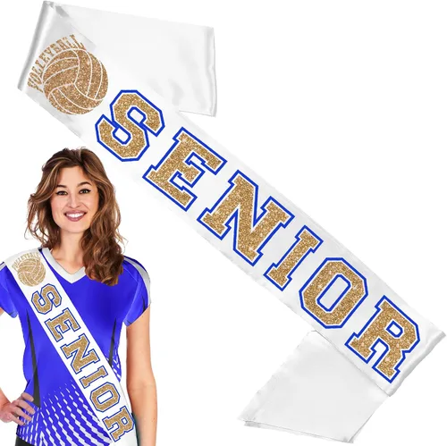 Miniatura 3 de Senior - Banda de voleibol azul – Gold Sparkle Voleibol azul real contorno blanco banda de satén de grado premium – Suministros de Rally de Pep