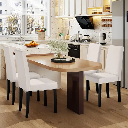 Miniatura 8 de COSTWAY Juego de 2 sillas de comedor sin brazos de tela, sillas laterales tapizadas de cocina con patas de madera de goma, asiento acolchado y Beige