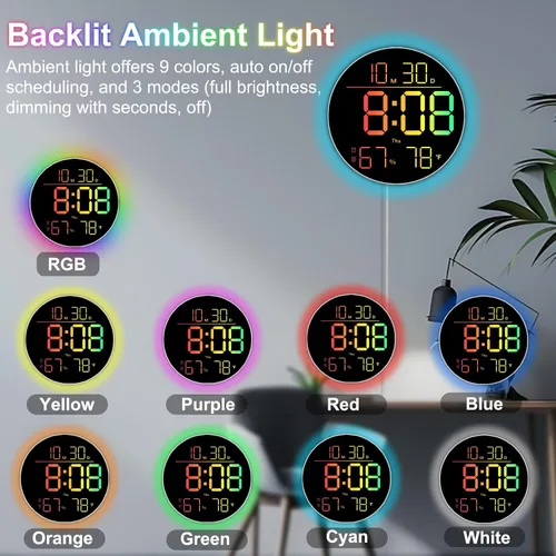 Miniatura 3 de QINFIEY Reloj de pared LED de 10 pulgadas con luz ambiental RGB, atenuación automática, pantalla de color/hora/fecha/temperatura/humedad, alarma